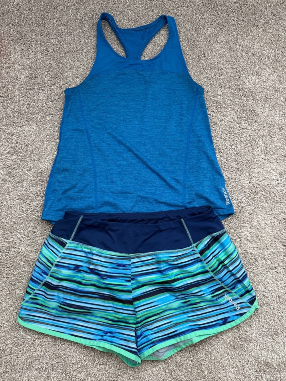 Reebok Blue Racerback Tank with Blue-Green Striped Running Shorts